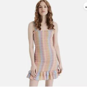 American Eagle Ruffle Pastel Rainbow Striped Smocked Mini Dress Size S NWT